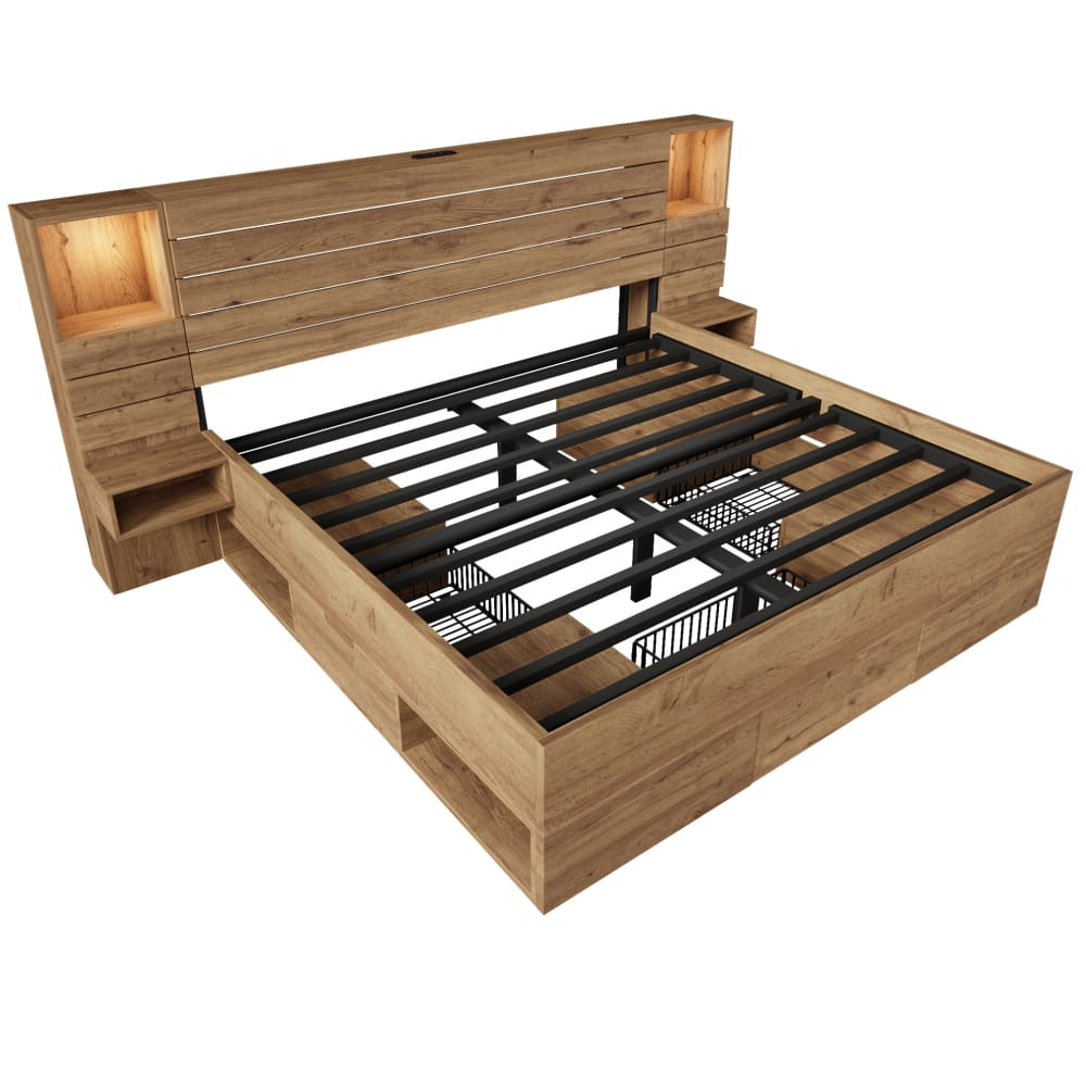 Lit double 180x200 cm en fer effet chêne avec led et usb-c