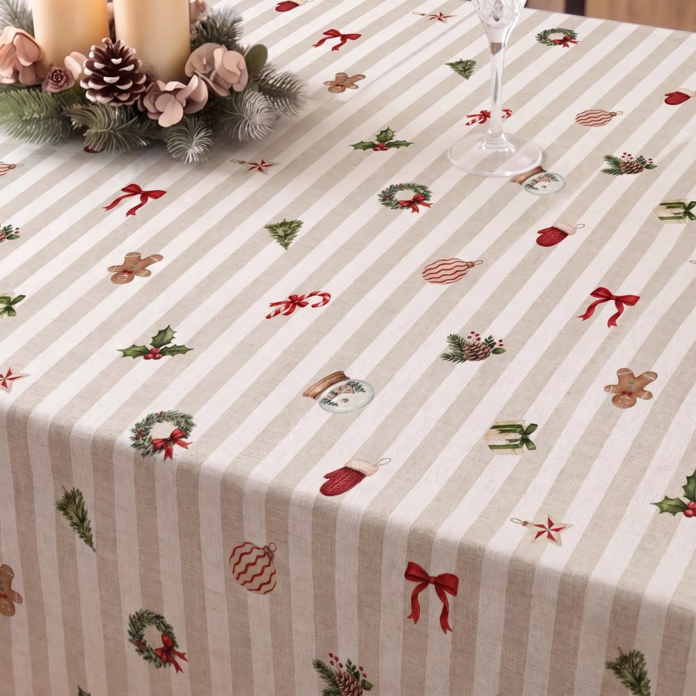 Fleckabweisende Weihnachtstischdecke 100 % Baumwolle beige
