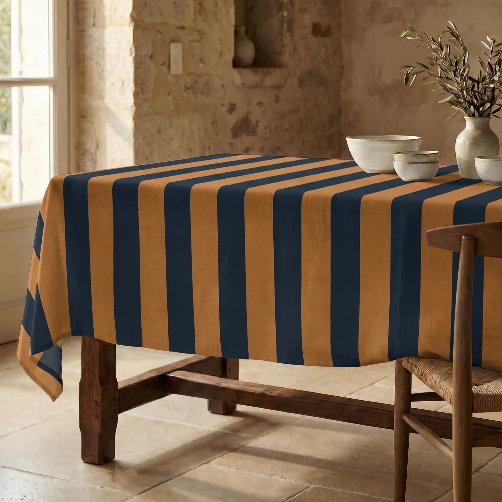 Fleckabweisende Tischdecke 100 % Baumwolle blau und orange