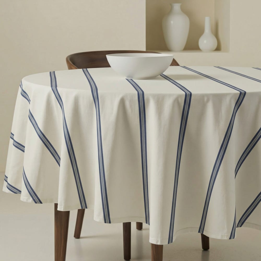 Nappe ronde anti-taches 100 % coton beige et bleu diamètre 190 cm Nappe ronde anti-taches 100 % coton beige et bleu diamètre 190 cm