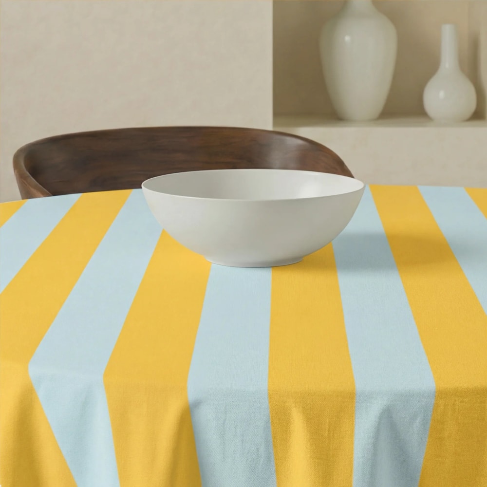 Runde fleckabweisende Tischdecke 100% Baumwolle blau und gelb