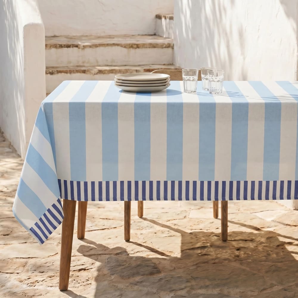 Nappe anti-taches 100 % coton bleu et blanc 200x155 cm