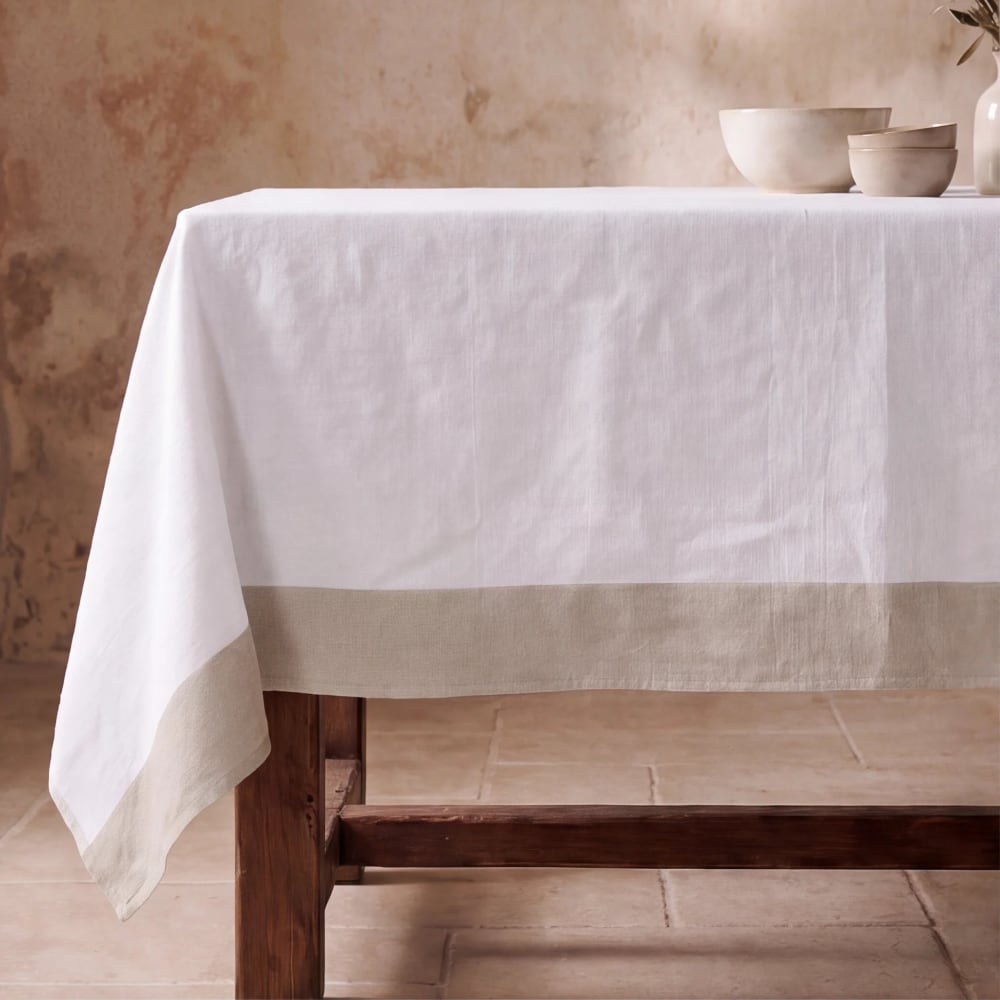 Nappe anti-taches 100 % coton blanc et beige 250x155 cm