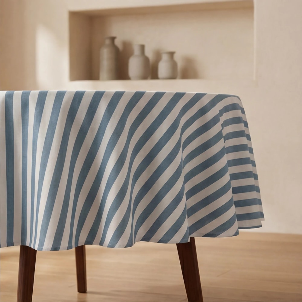 Runde fleckabweisende Tischdecke 100% Baumwolle blau und weiß