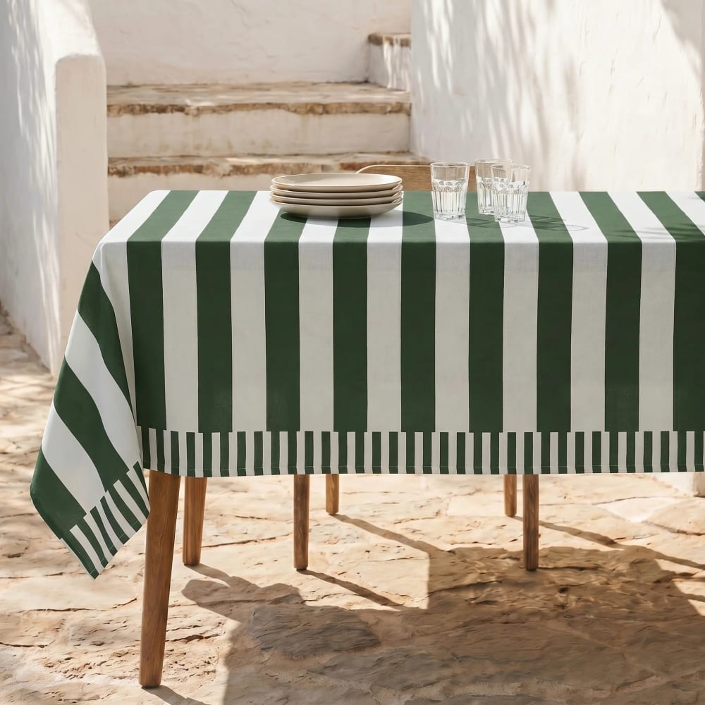 Fleckabweisende Tischdecke 100 % Baumwolle grün und weiß 300x155