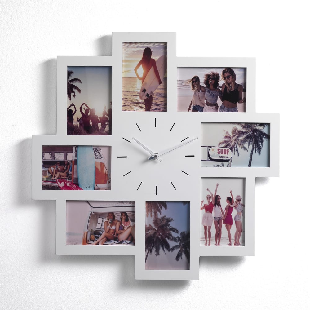 Cadre photo mural avec horloge en mdf blanc mat 50x50x1 cm