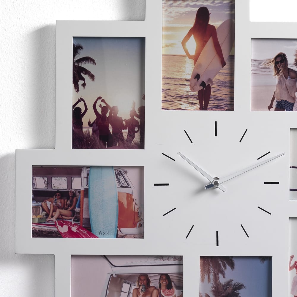 Cadre photo mural avec horloge en mdf blanc mat 50x50x1 cm — vue 3