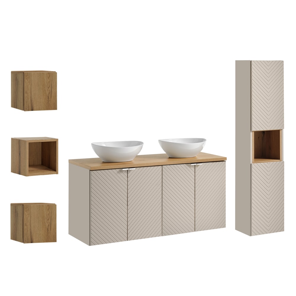 Ensemble meuble double vasque 120cm panneaux mélaminé et mdf beige Ensemble meuble double vasque 120cm panneaux mélaminé et mdf beige
