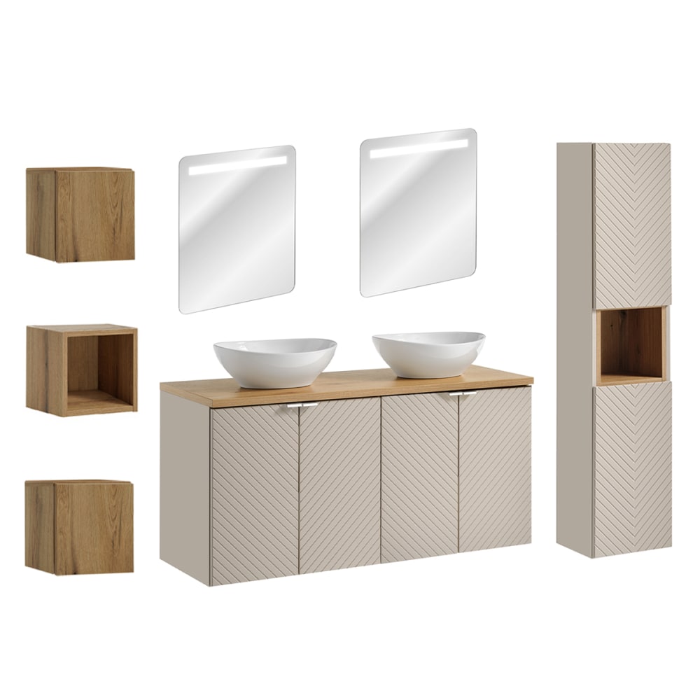 Ensemble meuble double vasque 120cm panneaux mélaminé et mdf beige Ensemble meuble double vasque 120cm panneaux mélaminé et mdf beige