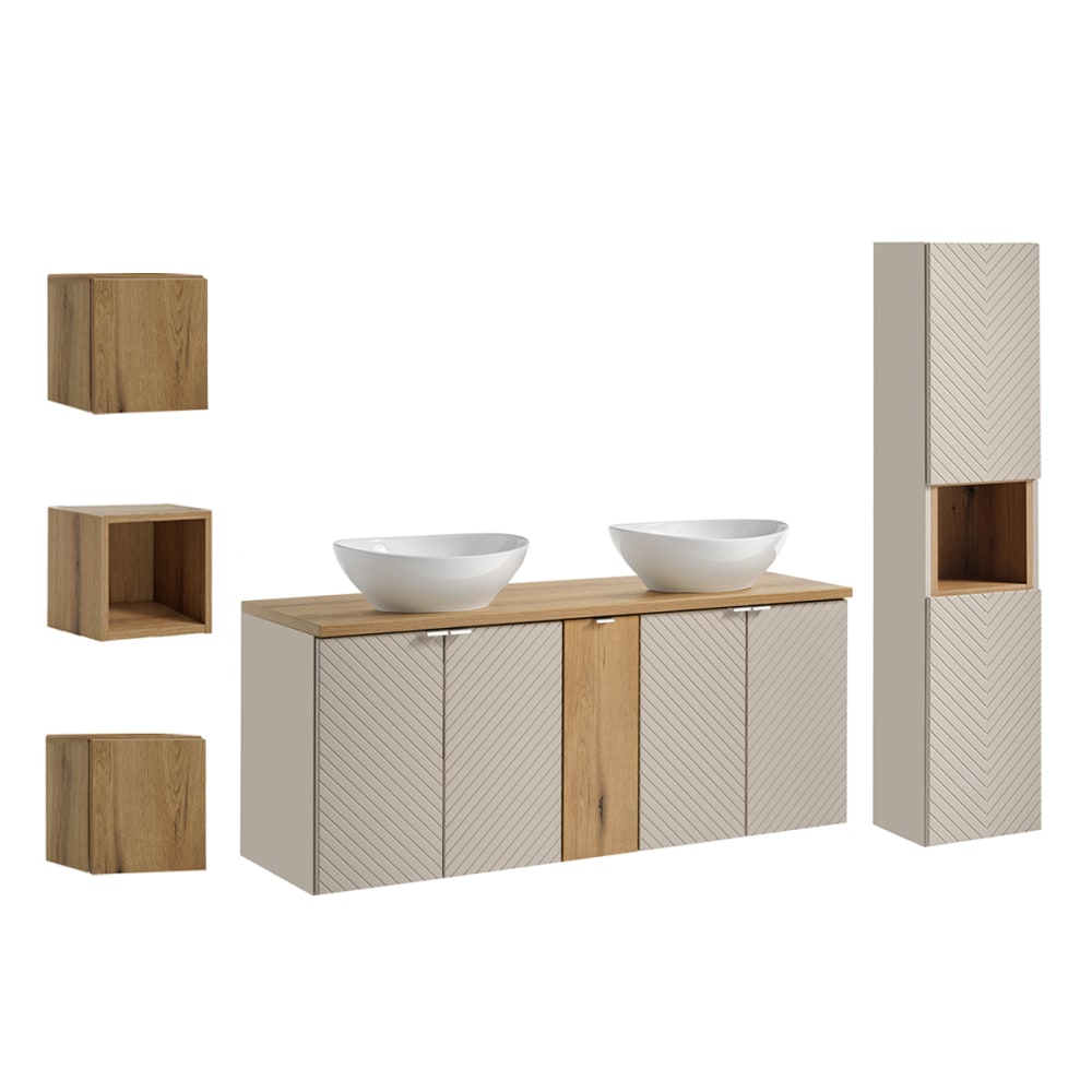 Ensemble meuble double vasque 140cm panneaux mélaminé et mdf beige Ensemble meuble double vasque 140cm panneaux mélaminé et mdf beige