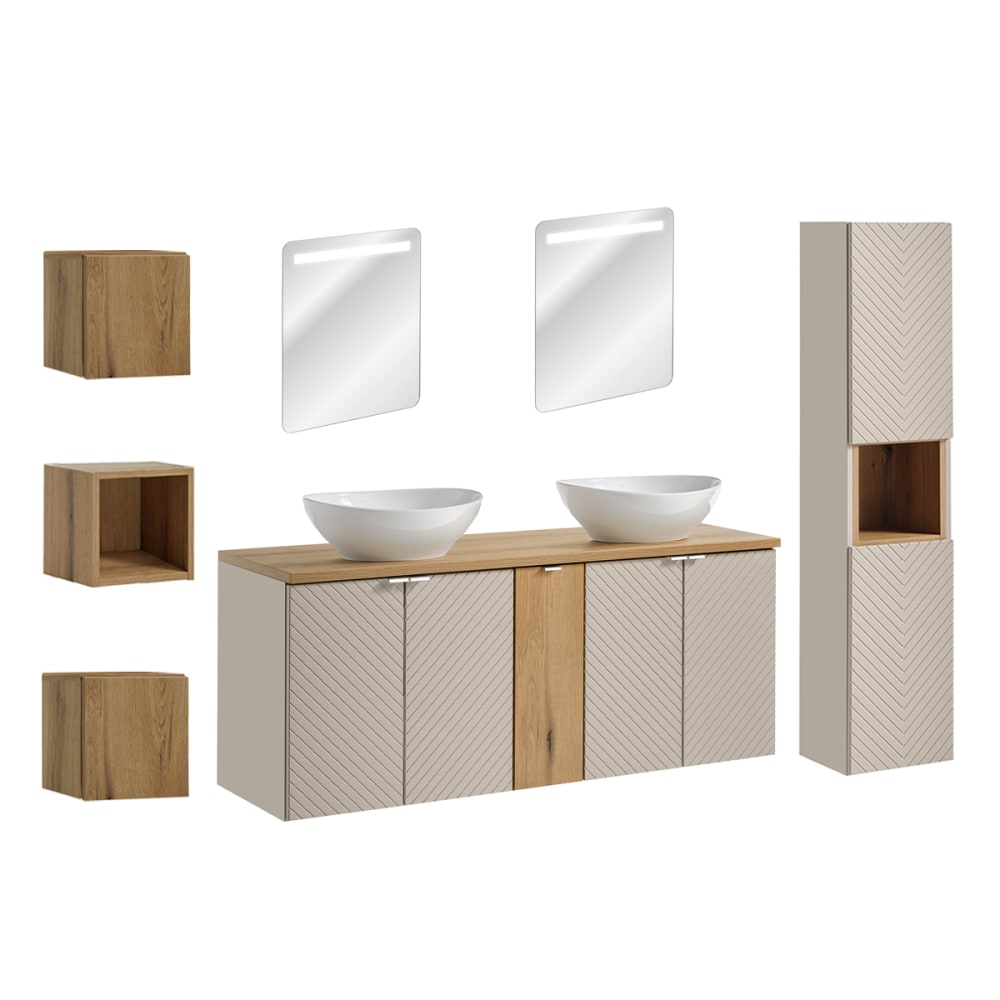 Ensemble meuble double vasque 140cm panneaux mélaminé et mdf beige Ensemble meuble double vasque 140cm panneaux mélaminé et mdf beige