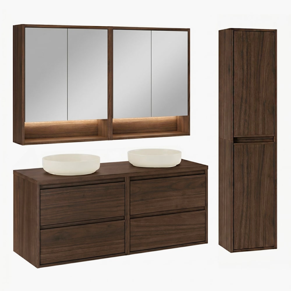 Ensemble meuble double vasque 120cm panneaux stratifiés marron