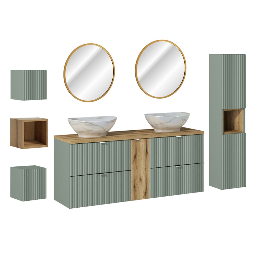 Ensemble meuble double vasque 140cm panneaux mélaminé et mdf vert Ensemble meuble double vasque 140cm panneaux mélaminé et mdf vert