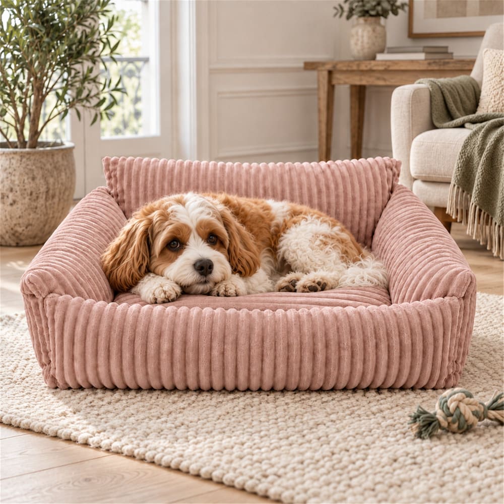 Hunde- und Katzensofa aus Plüschcord 70x55 cm, rosé - Maisons Du