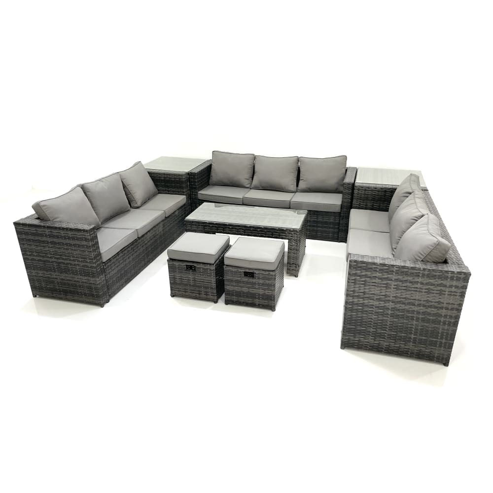 Fimous Rattan Gartenmöbel Set Couchtisch rechteckig 2 Hocker Beistelltisch Grau Rattan