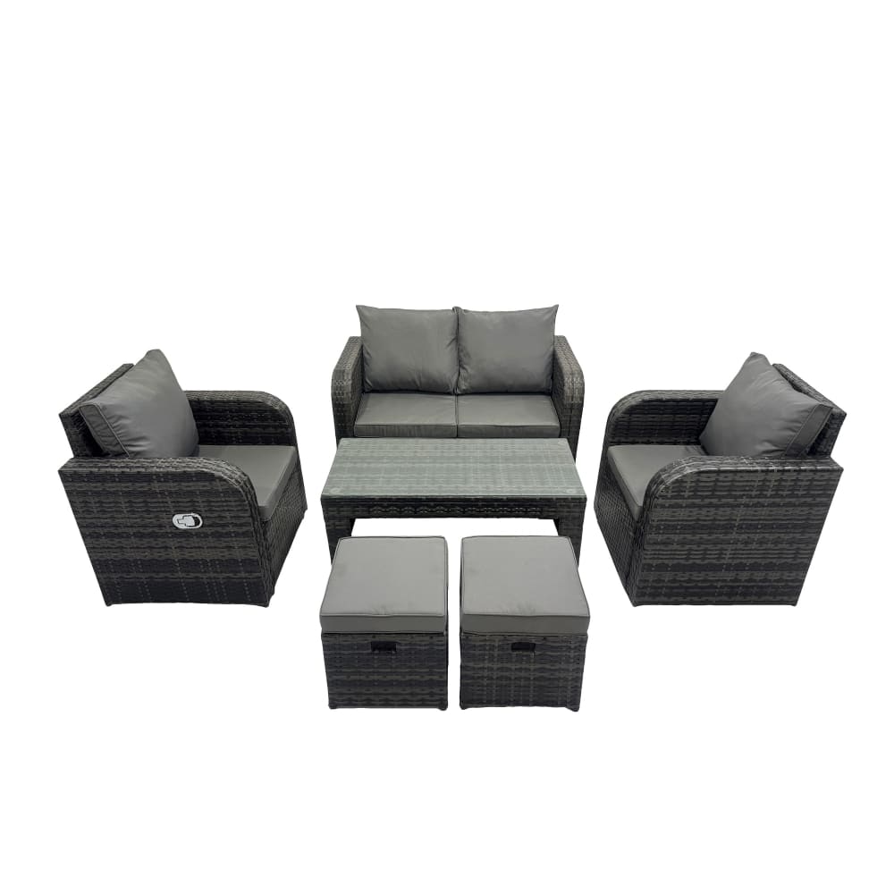Fimous Rattan Set 6er Sofa Liegestuhl Couchtisch Hocker Dunkelgrau - Rattan