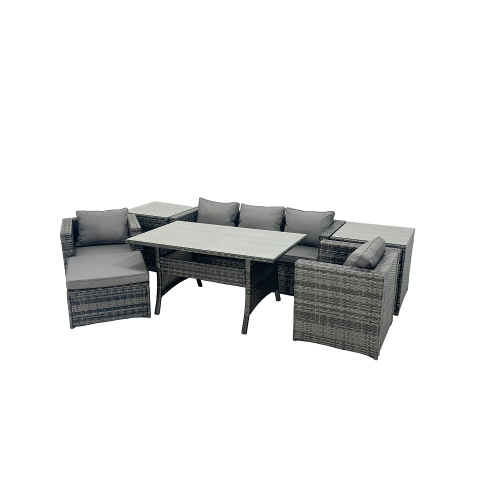 Fimous Rattan Gartenmöbel Set 6er Sessel Esstisch 2 Beistelltisch Hocker Grau Rattan