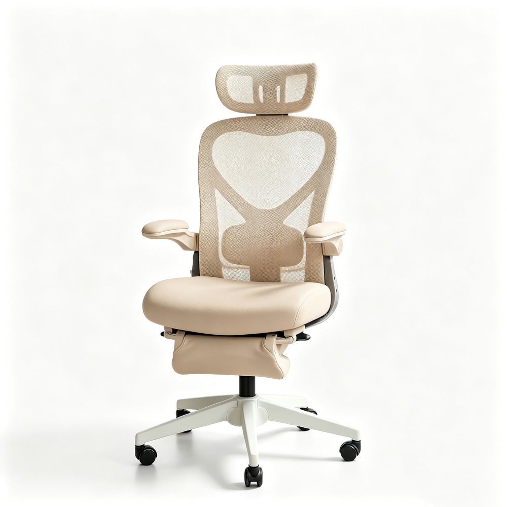Chaise pliable, appui lombaire, coussin mousse et repose-pied, crème