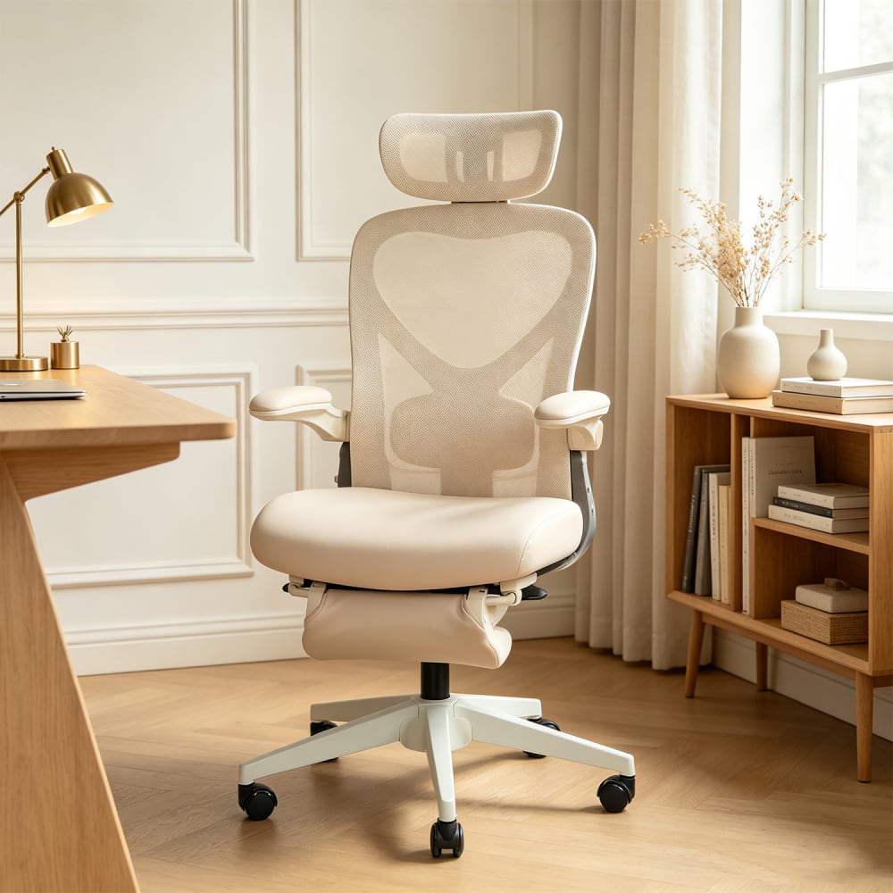 Meubles Cosy Faltbarer Bürostuhl, Lendenstütze, Schaumstoff und Fußstütze, crème style modern Mehrfarbig Schwamm