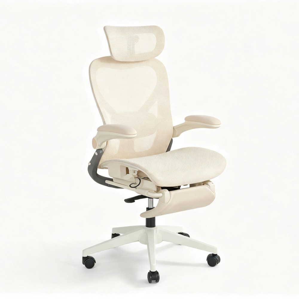 Chaise pliable, soutien lombaire, appui-tête 3d & repose-pied, crème