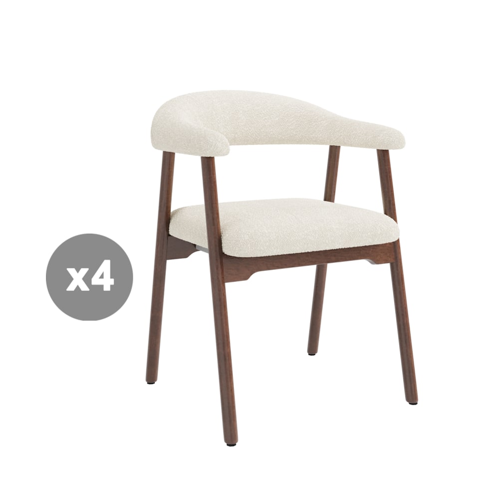 Lot de 4 chaises de table en bois massif, bouclé, noyer + beige Lot de 4 chaises de table en bois massif, bouclé, noyer + beige
