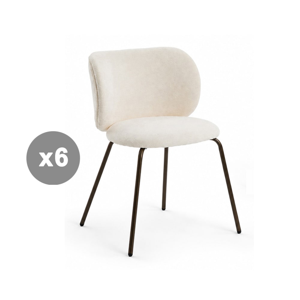 Lot de 6 chaises en chenille, dossier courbé et assise douce, crème Lot de 6 chaises en chenille, dossier courbé et assise douce, crème