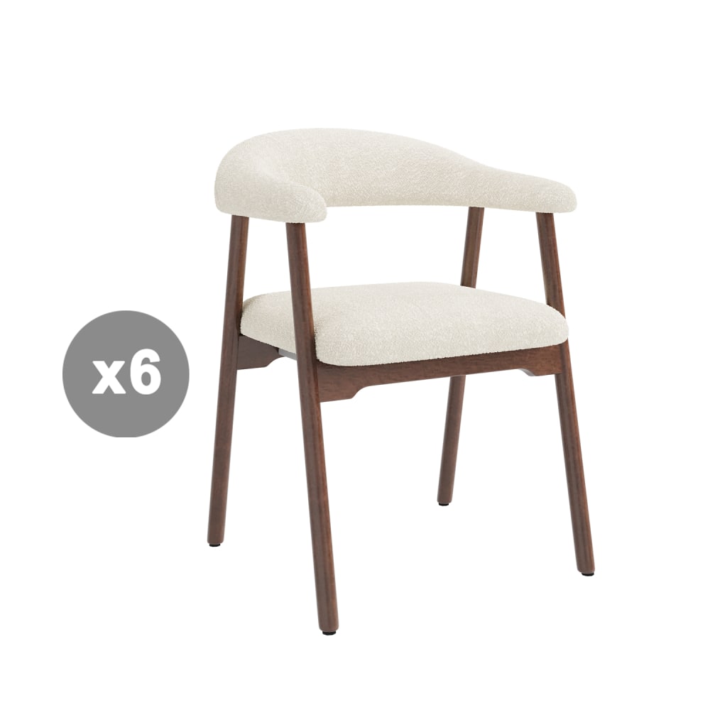 Lot de 6 chaises de table en bois massif, bouclé, noyer + beige Lot de 6 chaises de table en bois massif, bouclé, noyer + beige