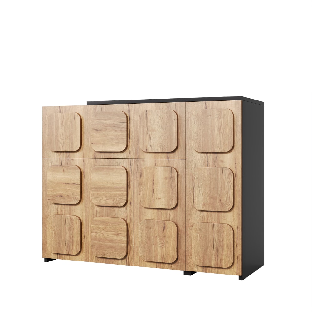 Buffet en bois avec portes et grand rangement, ouverture par pression