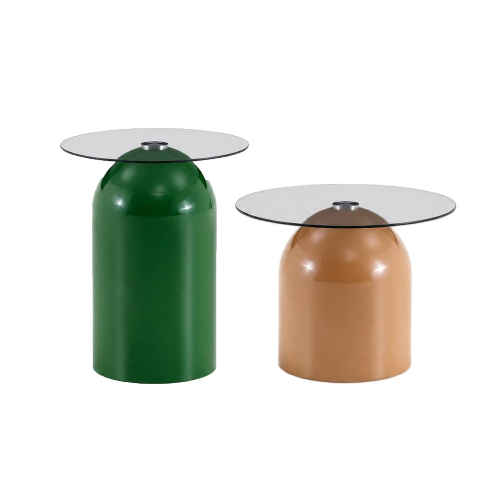 Lot de 2 tables basses cloche, verre trempé et acier; vert+brun clair