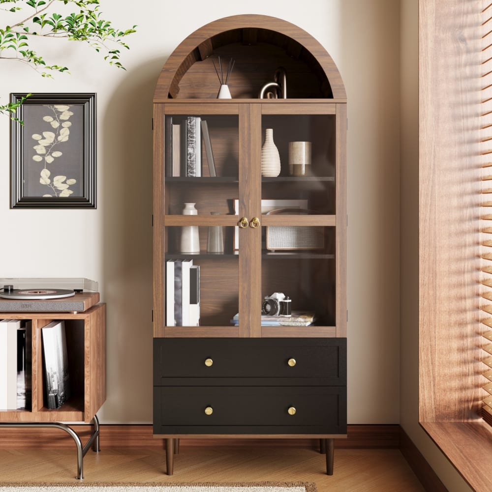 Sideboard aus Spanplatte und Glas mit Glastür 70x38x165 cm,