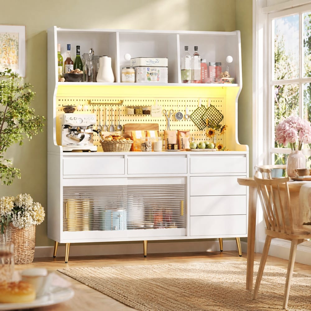 Hochschrank aus Spanplatte und Glas 145x39x171 cm, Weiß - Maisons