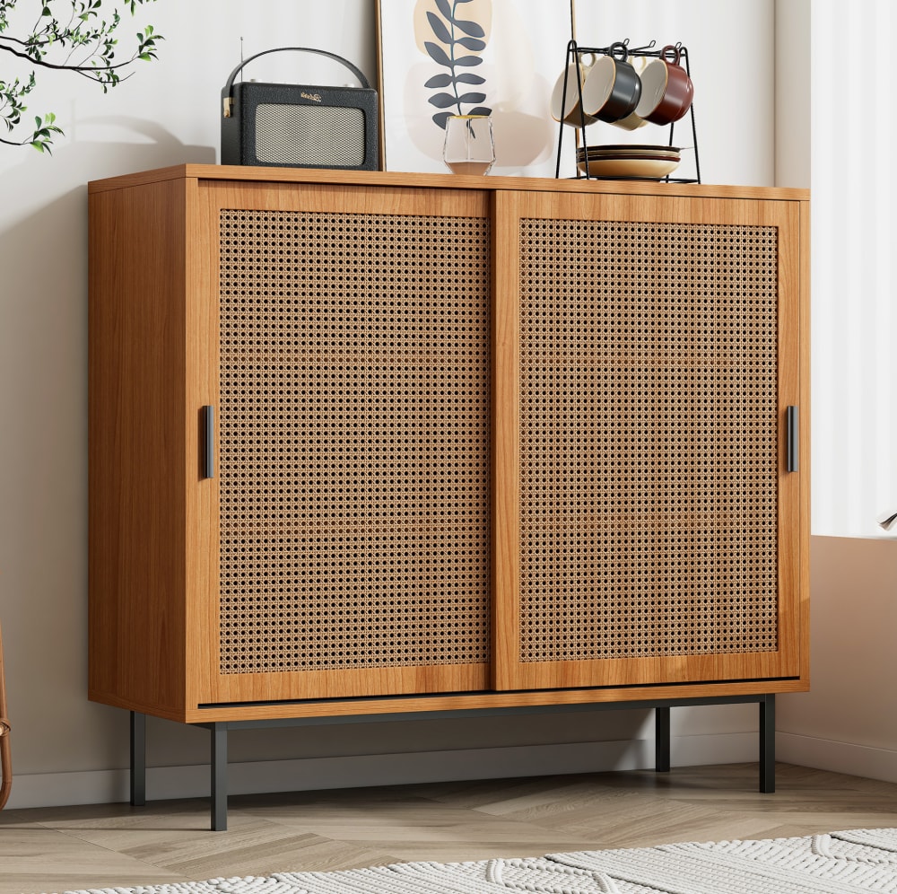 Sideboard aus Spanplatte mit Schiebetüren 100x90x37 cm, Walnuss -