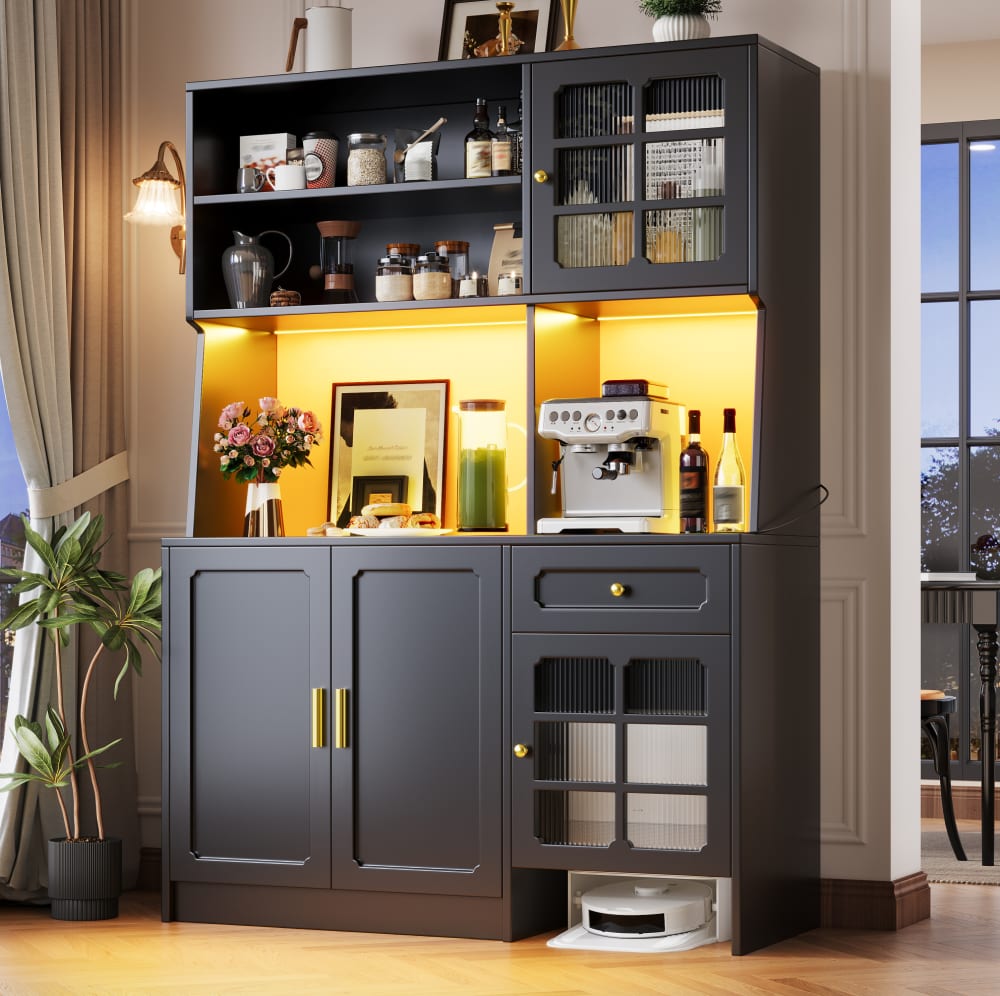 Küchenschrank aus Spanplatte mit LED 130x45x180 cm, Schwarz -