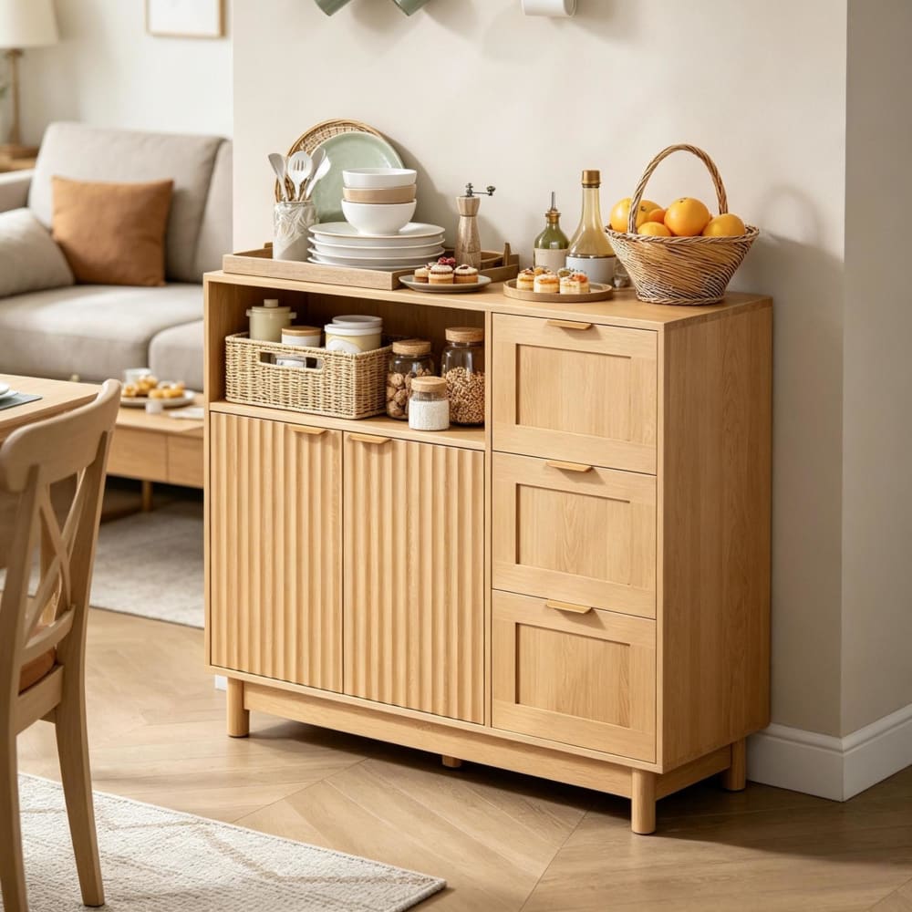 Sideboard aus Spanplatte mit Stauraum 90x35x80 cm, Beige -