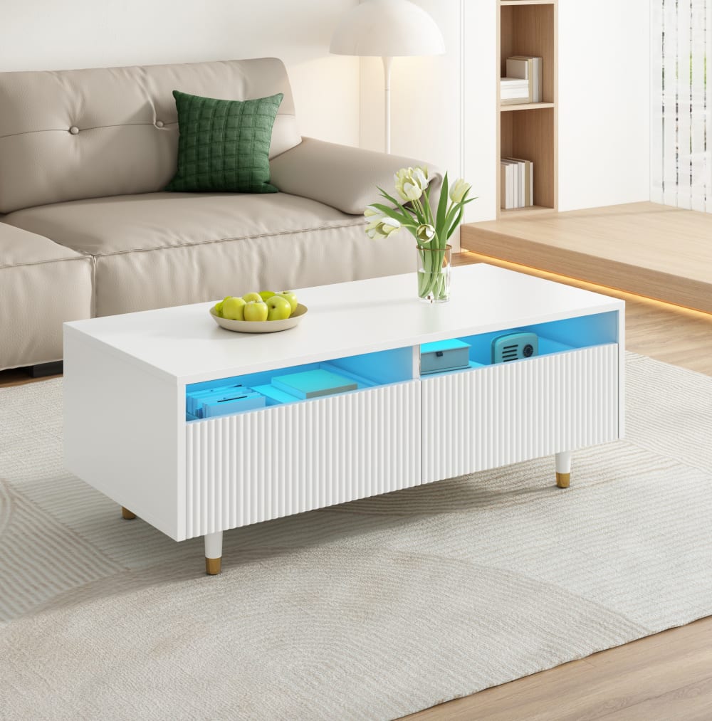 Couchtisch aus Spanplatte mit LED 110 x 50 x 40 cm, Weiß -