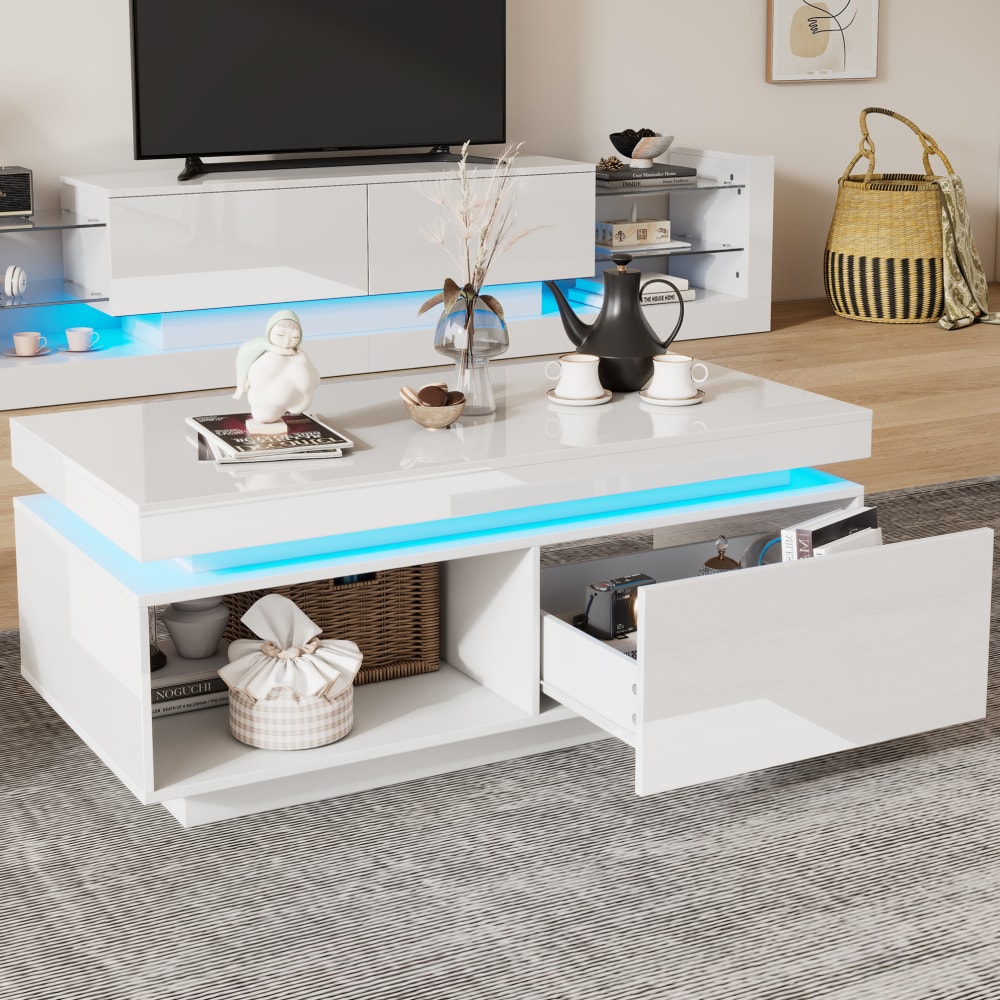 Hochglanz-TV-Schrank-Set aus Spanplatte mit LED 181 cm, Weiß -