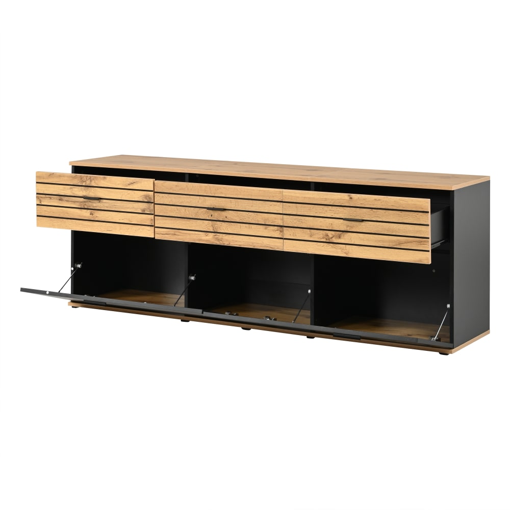 Meuble tv 2 portes 3 tiroirs en pin bois noir l 168 cm Meuble tv 2 portes 3 tiroirs en pin bois noir l 168 cm