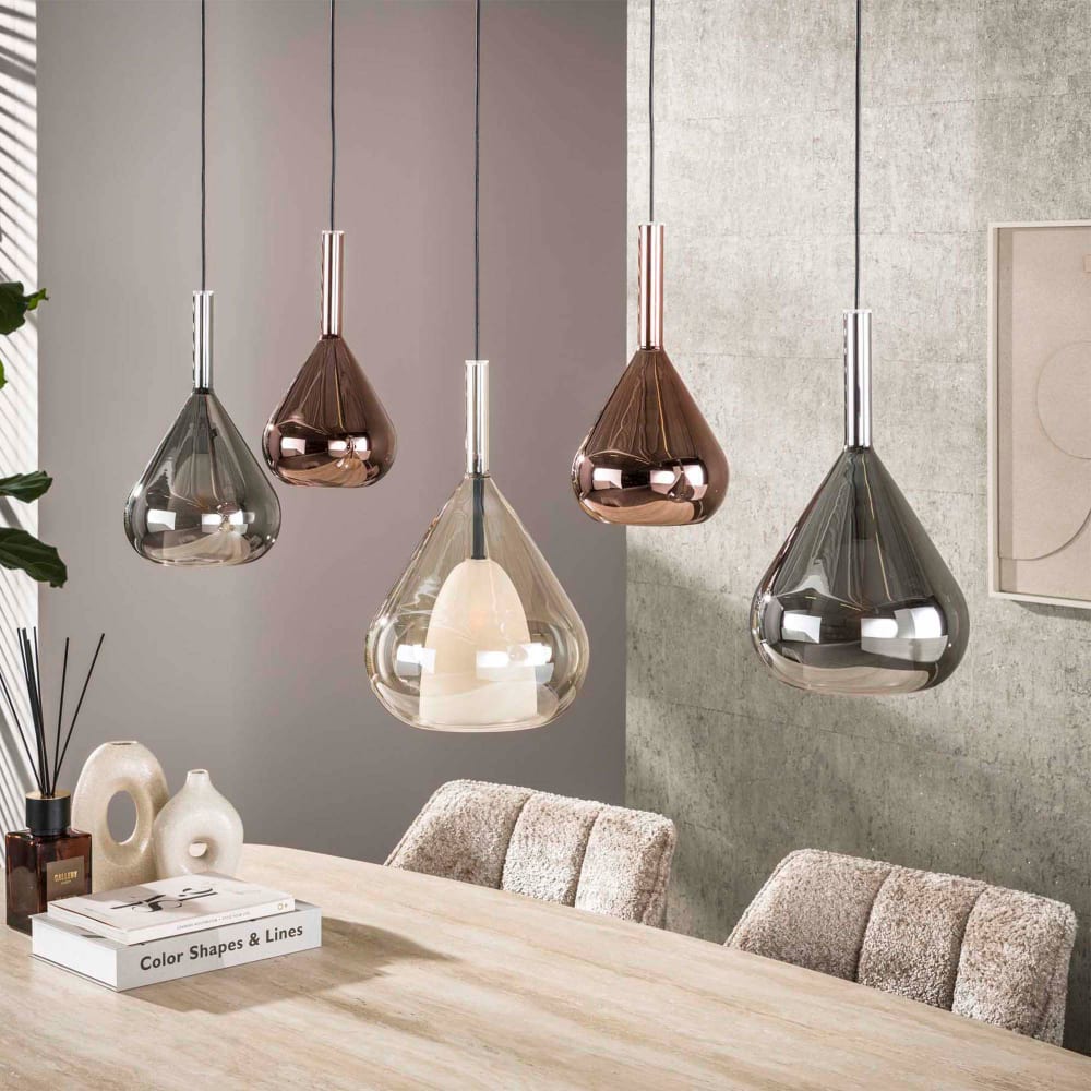Suspension 5 lampes 123x150 cm en verre ambré, cuivré et chromé — vue 3