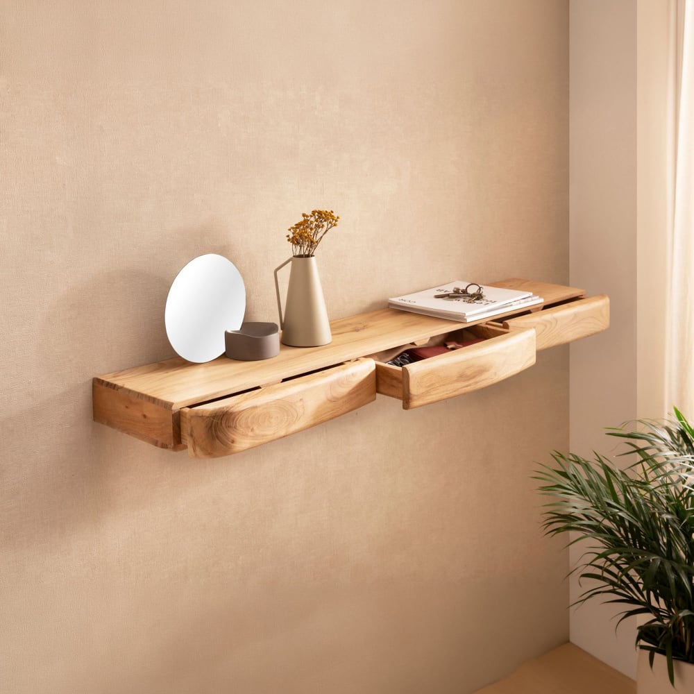 Etagère organique suspendue 3 tiroirs 120 cm en acacia laqué - grika Etagère organique suspendue 3 tiroirs 120 cm en acacia laqué - grika