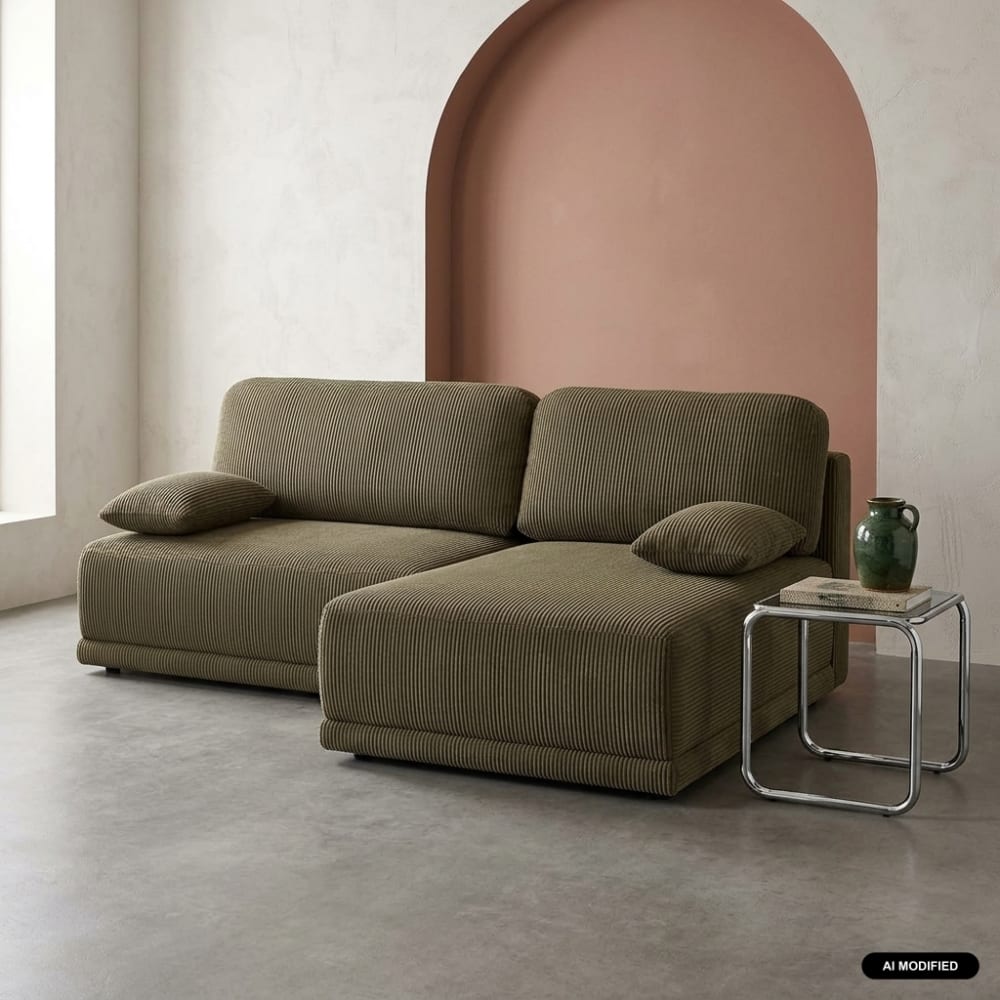 Canapé d'angle droit convertible 3 places velours coffre kaki Canapé d'angle droit convertible 3 places velours coffre kaki