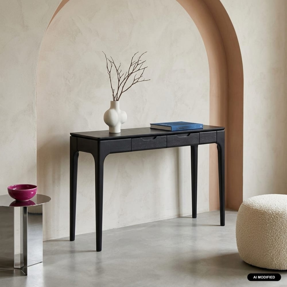 Console bois d'hévéa placage frêne 2 tiroirs noir