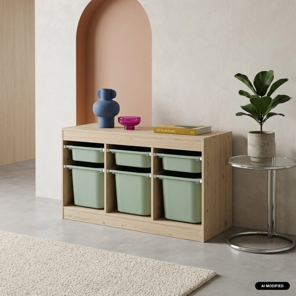 Meuble de rangement pour enfant décor bois 6 bacs vert de gris