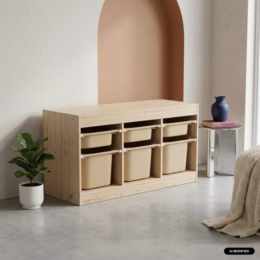 Meuble de rangement pour enfant décor bois 6 bacs beige