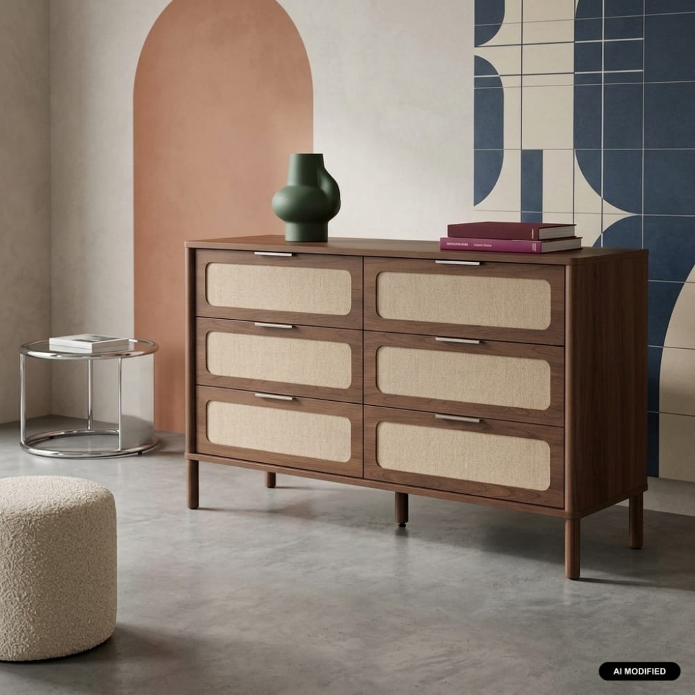 Commode vintage décor bois et cannage 6 tiroirs noyer