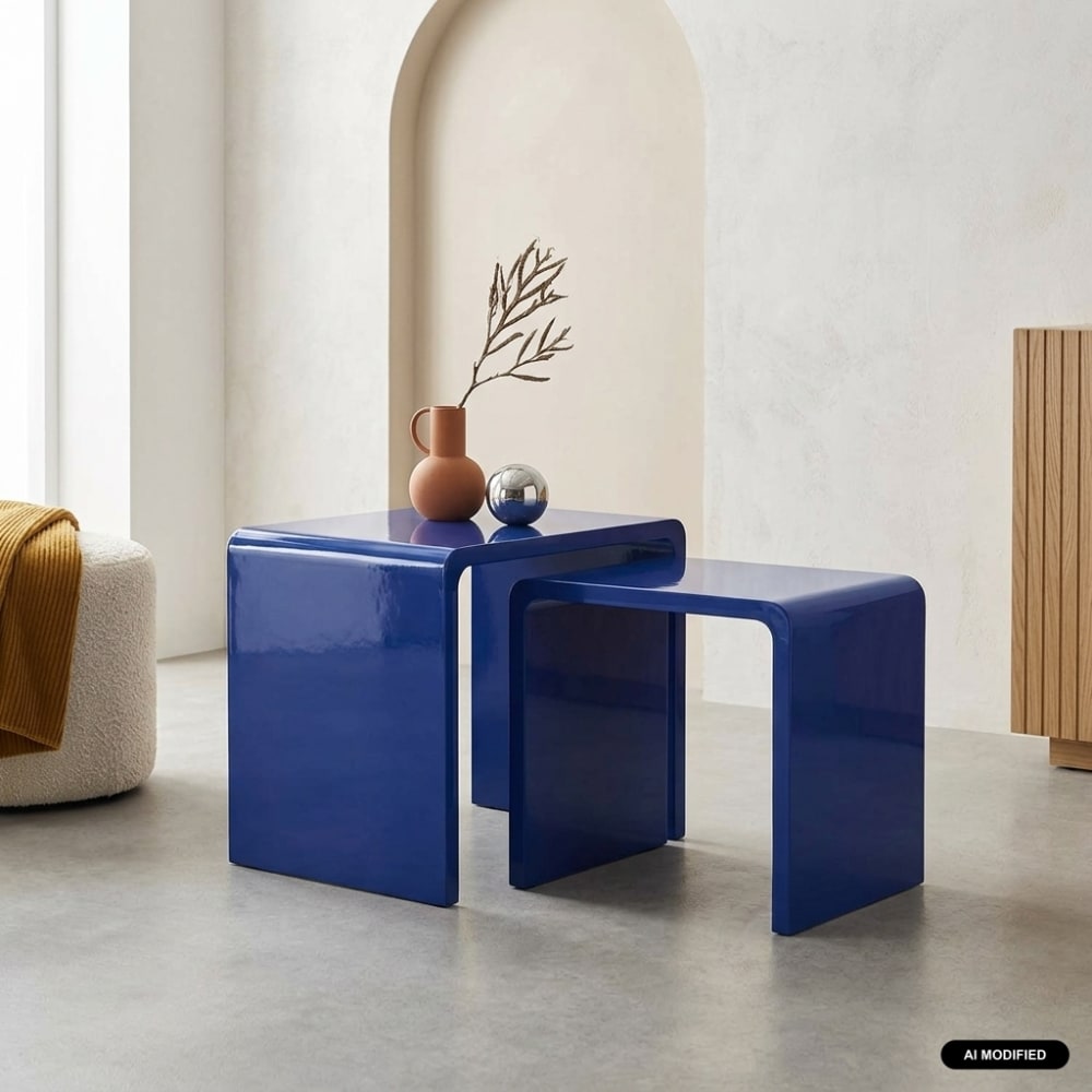 Lot de 2 tables gigognes finition glossy bleu Lot de 2 tables gigognes finition glossy bleu