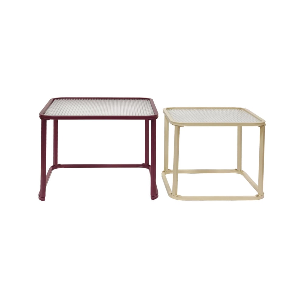 Tables gigognes métal et verre strié bordeaux et écru