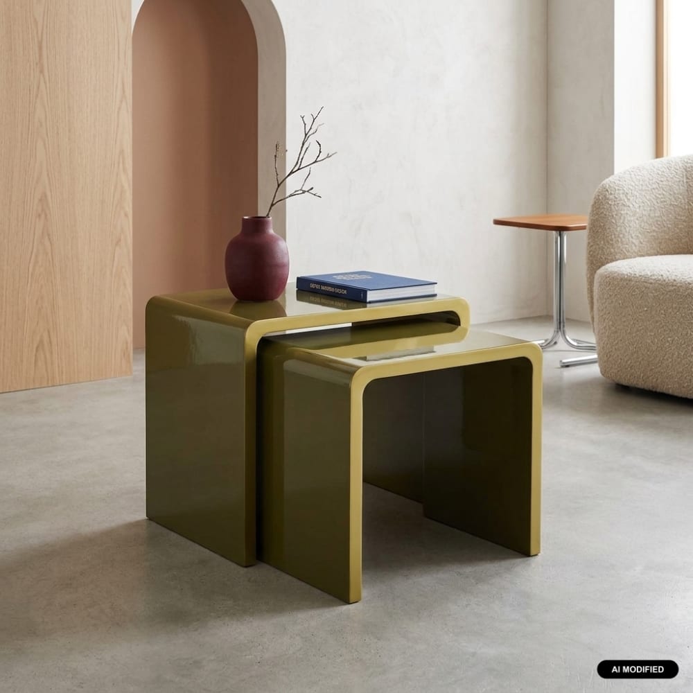 Lot de 2 tables gigognes finition glossy kaki Lot de 2 tables gigognes finition glossy kaki