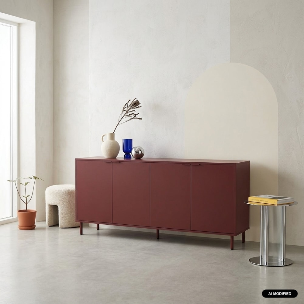 Buffet décor bois et métal 4 portes 160cm bordeaux