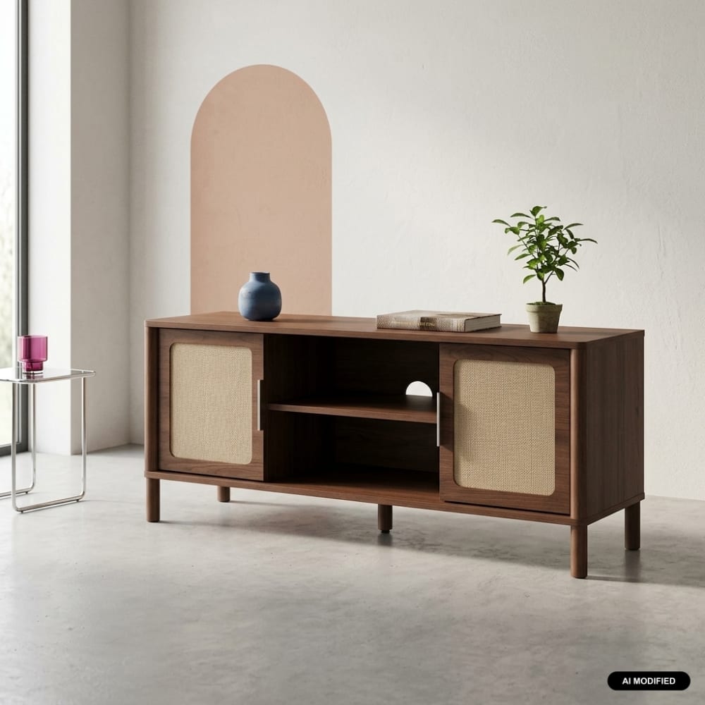 Meuble tv vintage décor bois et cannage 2 portes 120cm noyer Meuble tv vintage décor bois et cannage 2 portes 120cm noyer