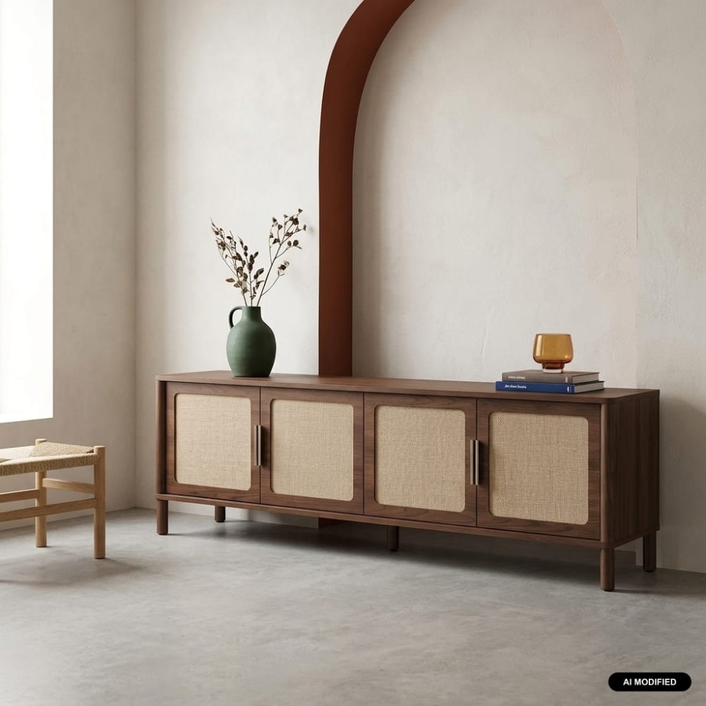 Meuble tv vintage décor bois et cannage 4 portes 160cm noyer Meuble tv vintage décor bois et cannage 4 portes 160cm noyer